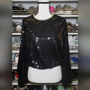 Milk & Honey Pearl Neck Bubble Sleeve Black Sequin Top